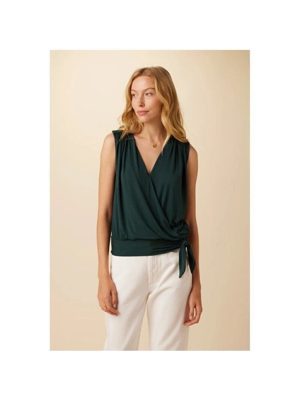 Amour Vert Simone Dream Knit V-Neck Sleeveless Wrap Top in Emerald Greenβ¦